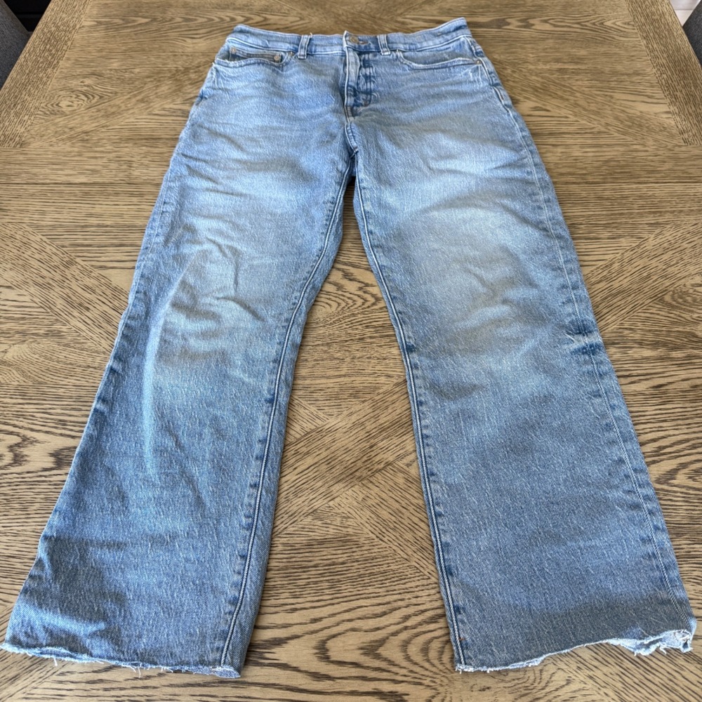 Madewell High Rise Wide Leg Jeans Light Wash Raw Hem Blue Denim Distressed Sz 27
